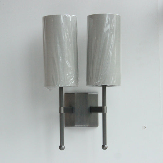 Imperfect Reduced Depth Double Stem Wall Light in Bronze with Birch Silk Shades -  52