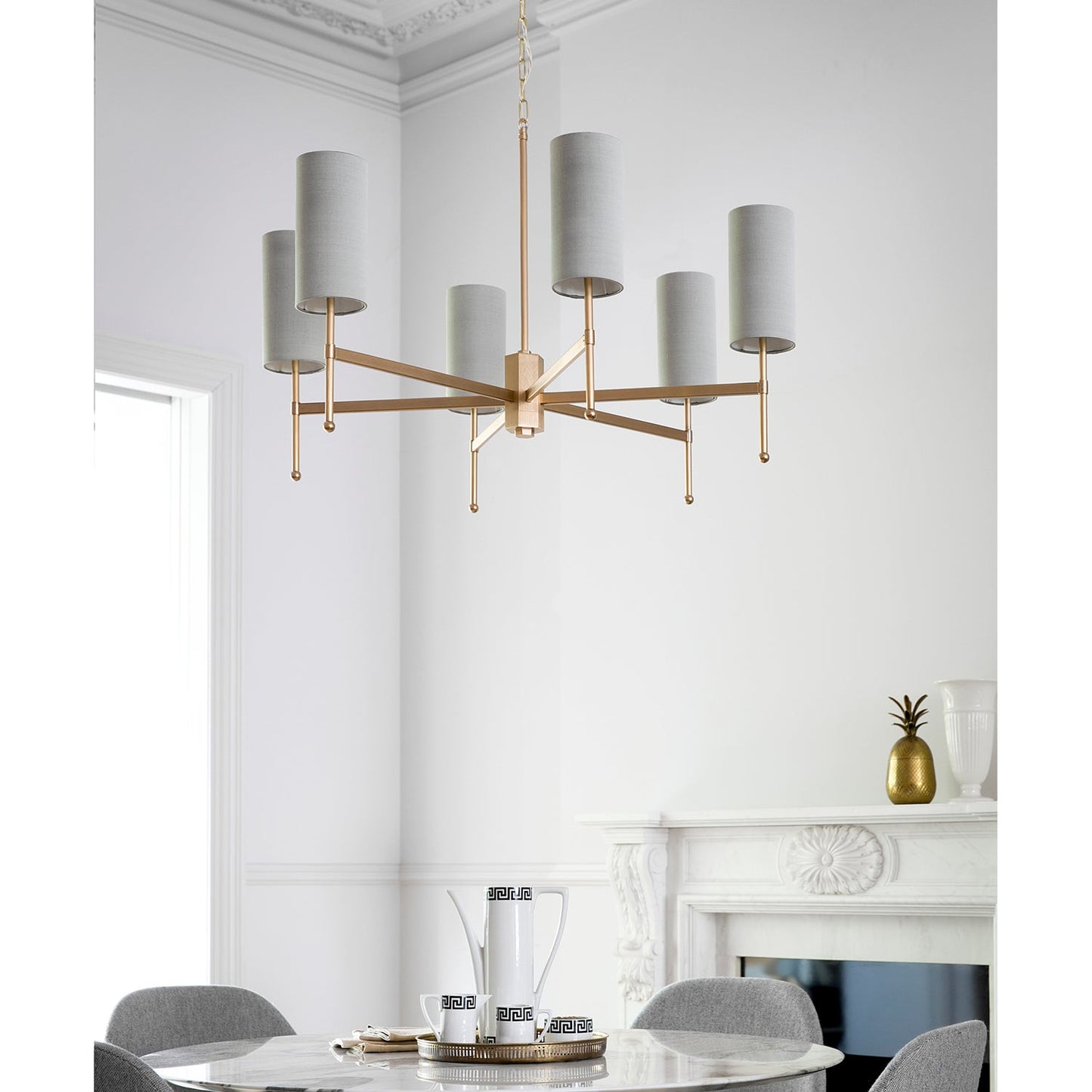 Imperfect 6-arm Stem Chandelier in Gold with Birch Douppion Silk Shades