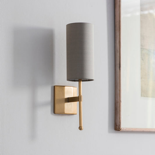 End-of-line IP44 Reduced Depth Single Stem Wall Light in Gold with Birch Silk Shade - 908