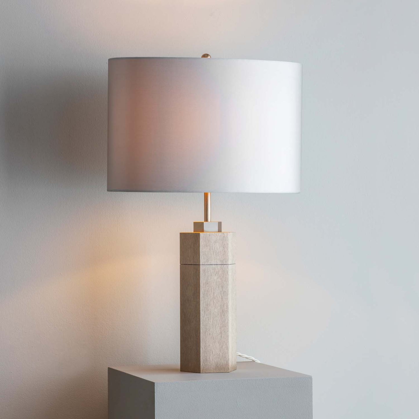 Imperfect Stem Table Lamp in Gold with a Silver Silk Douppion Shade