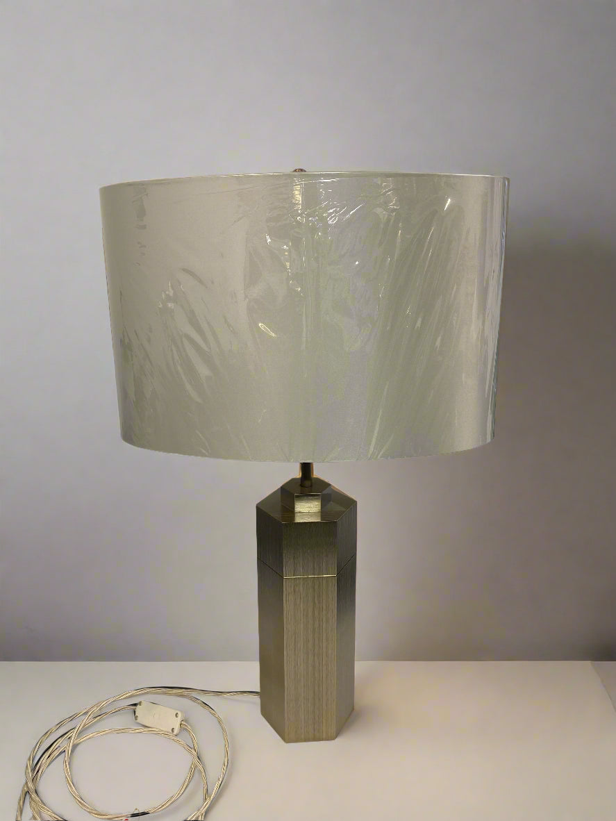 Imperfect Stem Table Lamp in Gold with a Silver Silk Douppion Shade