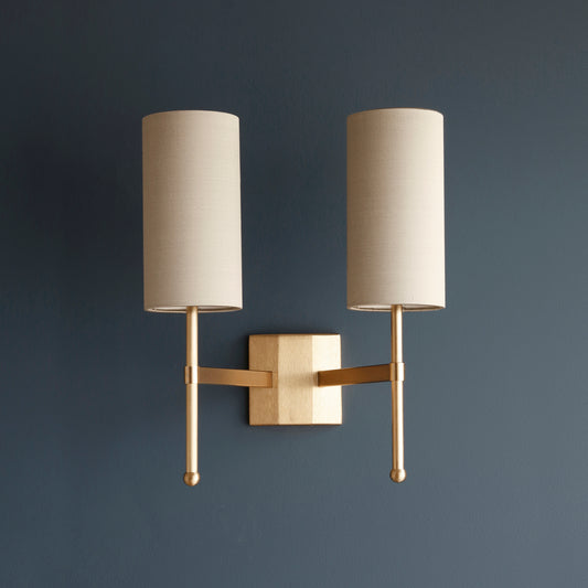 Imperfect Double Stem Wall Light in Gold with Birch Silk Shades 212, 221