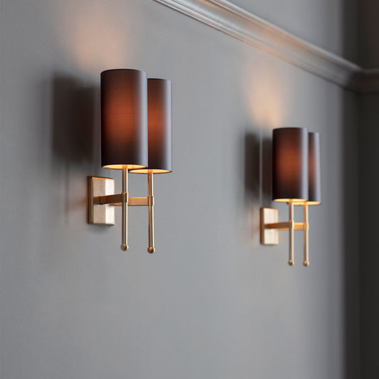 Imperfect Reduced Depth Double Stem Wall Light in Gold with Birch Silk Shades - 622, 528
