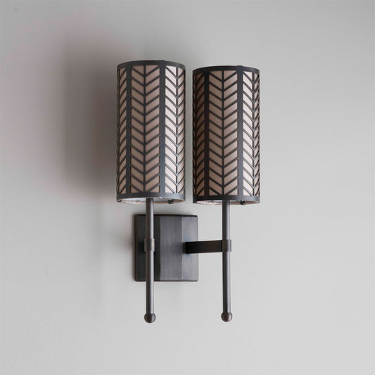 Reduced Depth Double Stem Wall Light in Bronze with Lattice and Oyster Silk Shades - 313