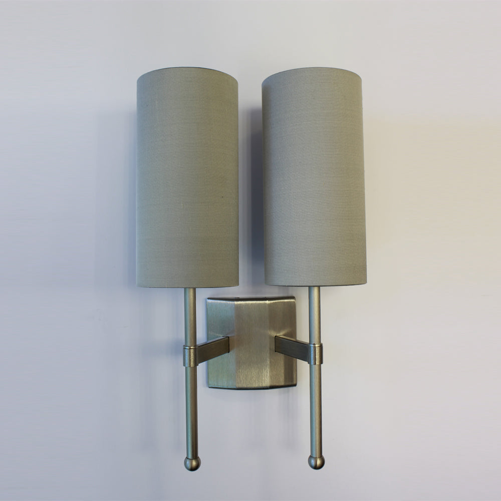 Reduced Depth Double Stem Wall Light in Flat Nickel with Birch Silk Shades - 12, 13