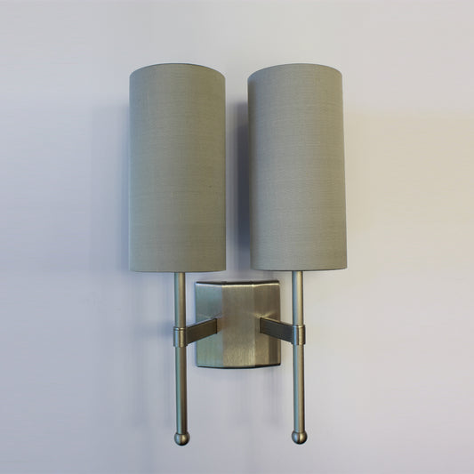 Imperfect Reduced Depth Double Stem Wall Light in Flat Nickel with Birch Silk Shades - 12, 13, 53